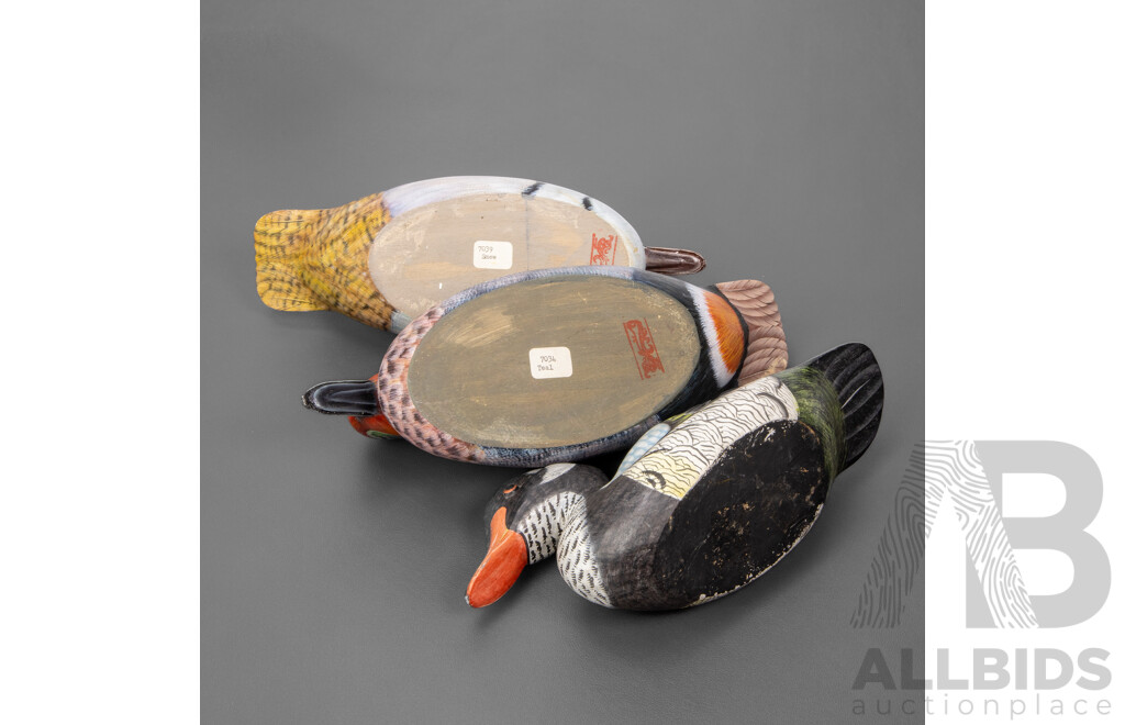Collection of Three Medium/large Vintage Decoy Hand Carved and Hand Painted Wooden Ducks