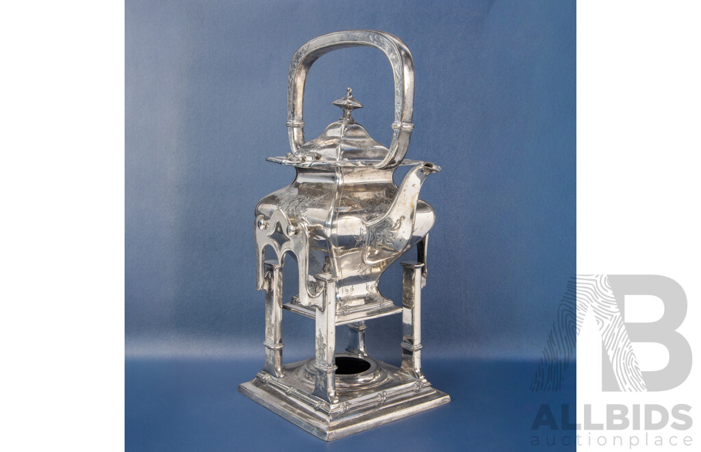 Antique Silver Plated Pagoda Style Teapot on Spirit Stand, with Fine Etched Detail and Large Handle, Marked for Victor Silver Company USA