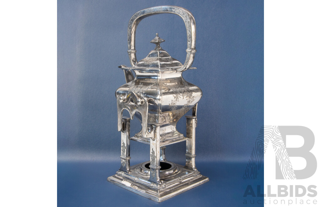 Antique Silver Plated Pagoda Style Teapot on Spirit Stand, with Fine Etched Detail and Large Handle, Marked for Victor Silver Company USA
