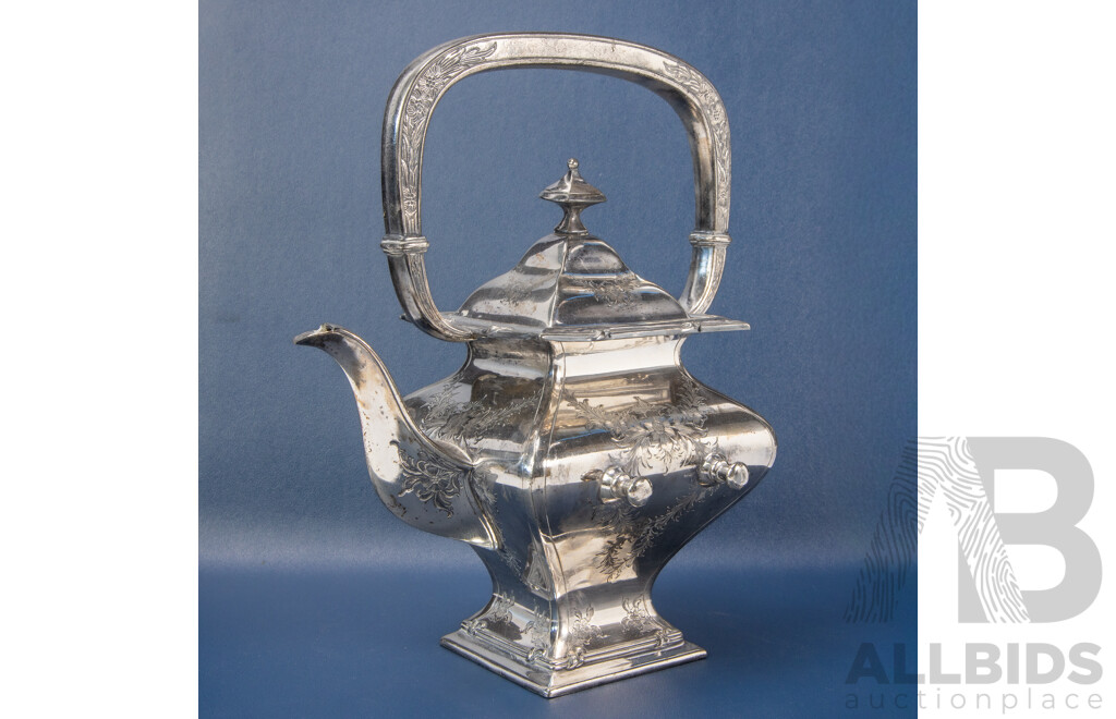 Antique Silver Plated Pagoda Style Teapot on Spirit Stand, with Fine Etched Detail and Large Handle, Marked for Victor Silver Company USA