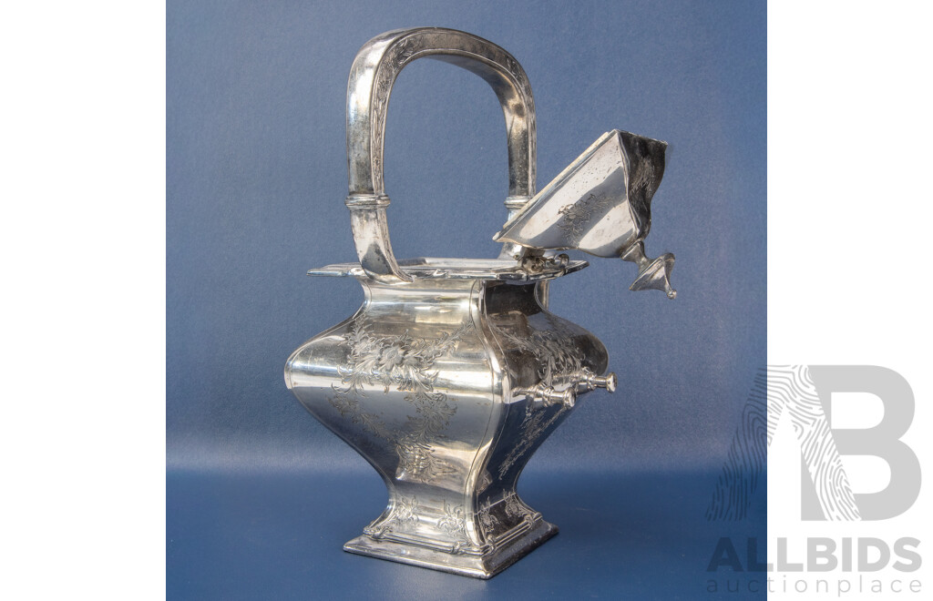 Antique Silver Plated Pagoda Style Teapot on Spirit Stand, with Fine Etched Detail and Large Handle, Marked for Victor Silver Company USA