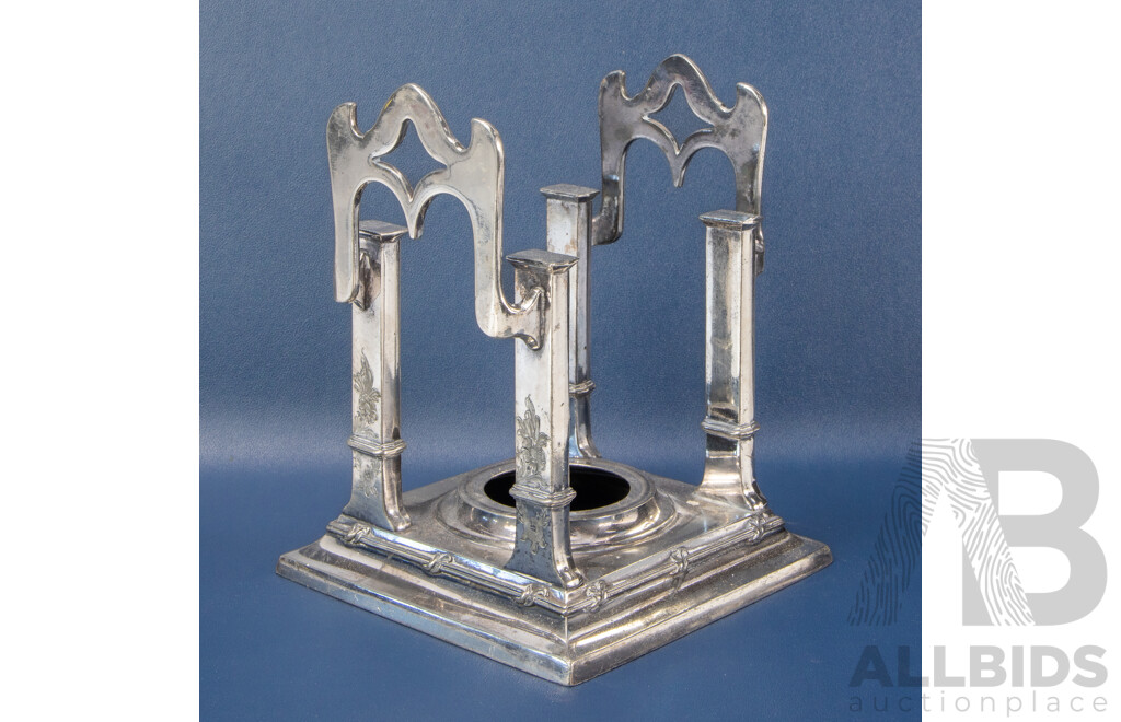 Antique Silver Plated Pagoda Style Teapot on Spirit Stand, with Fine Etched Detail and Large Handle, Marked for Victor Silver Company USA
