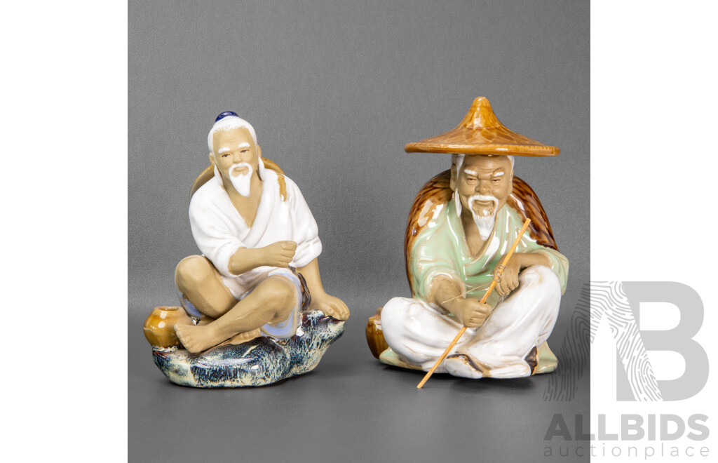 Pair of Vintage Shiwan Ceramic Glazed Pottery Incense Holder Figurines