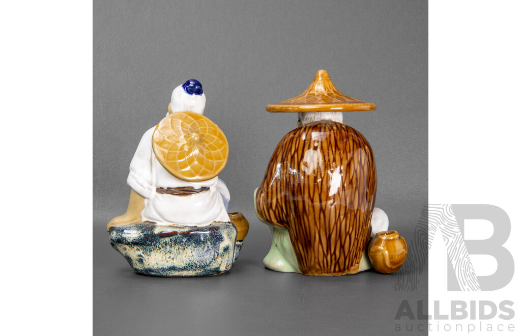 Pair of Vintage Shiwan Ceramic Glazed Pottery Incense Holder Figurines