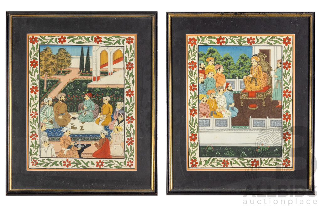 Artists Unknown (Indian School), Maharaja Court Scenes I and II, Pair of Wonderful Vintage Northern Indian Pigments on Cotton Panels, 67 X 55 cm (frames) (2)