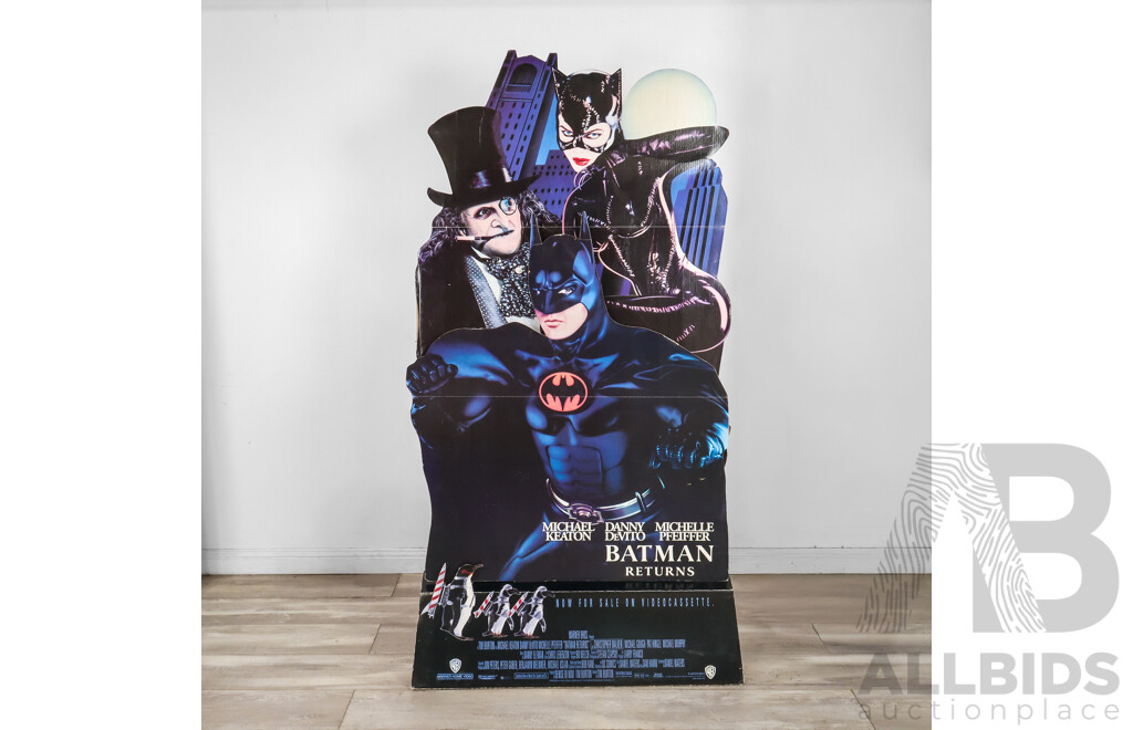 Super Rare Batman Returns C.1992 Cardboard Cut Out Standee of Michael Keaton's Batman, Penguin (Danny Devito), and Catwoman (Michelle Pfeiffer) 140cm.