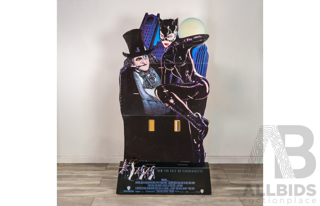 Super Rare Batman Returns C.1992 Cardboard Cut Out Standee of Michael Keaton's Batman, Penguin (Danny Devito), and Catwoman (Michelle Pfeiffer) 140cm.