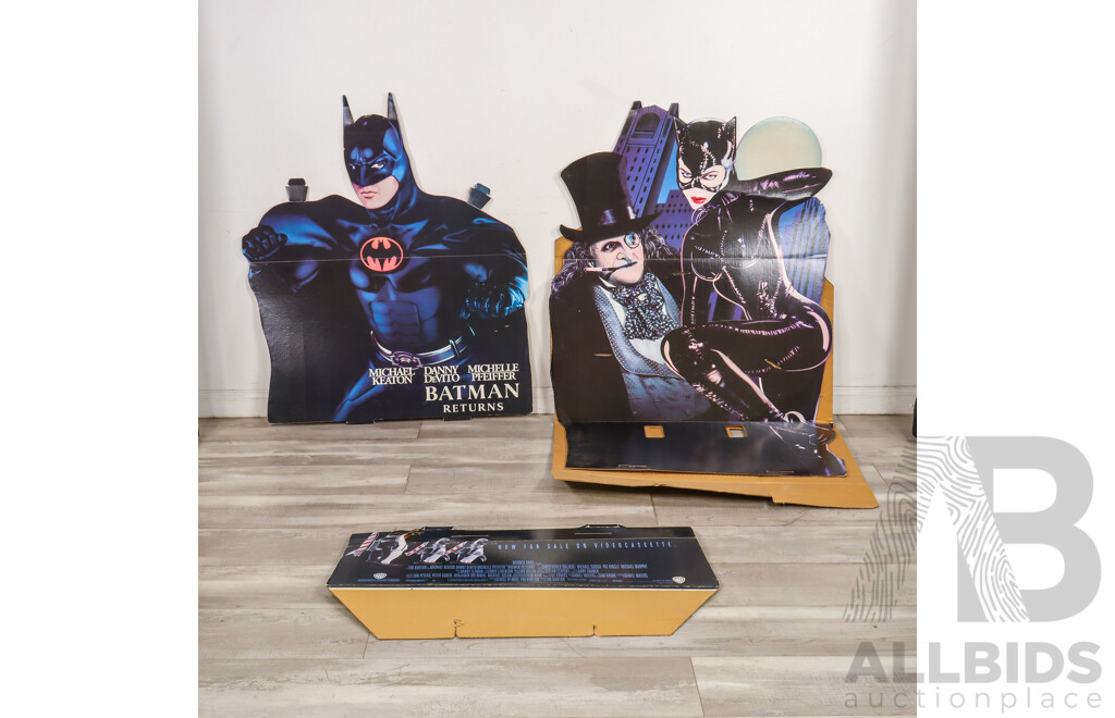 Super Rare Batman Returns C.1992 Cardboard Cut Out Standee of Michael Keaton's Batman, Penguin (Danny Devito), and Catwoman (Michelle Pfeiffer) 140cm.