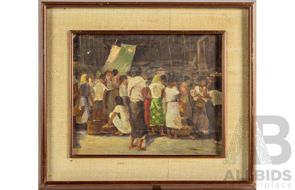 Elias Laxa, (20th Century, Filipino, 1904-1990), Village Street Market, Original Vintage Oil on Canvas Board, 39 x 45 cm (frame)