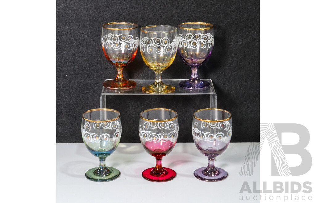 Set of 6 Vintage (1970s) Coloured Etched Glasses