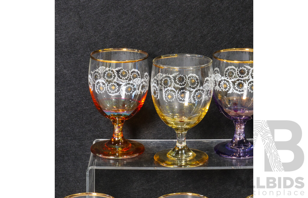 Set of 6 Vintage (1970s) Coloured Etched Glasses