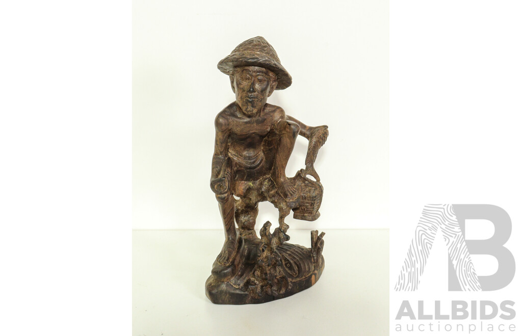 Vintage/Antique Indonesian Wood Carving of a Fisherman