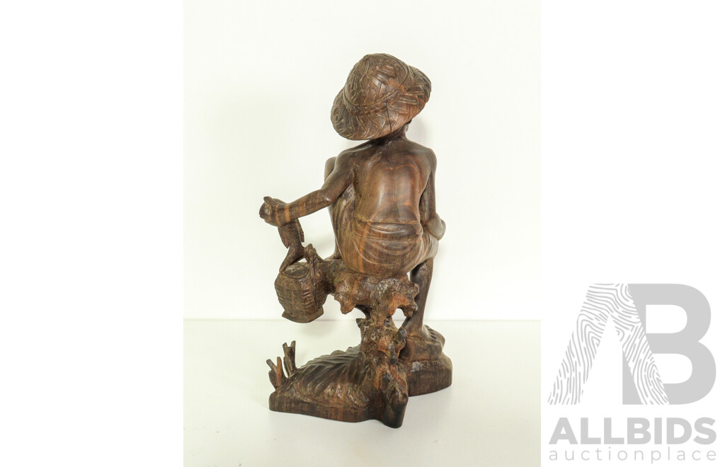 Vintage/Antique Indonesian Wood Carving of a Fisherman