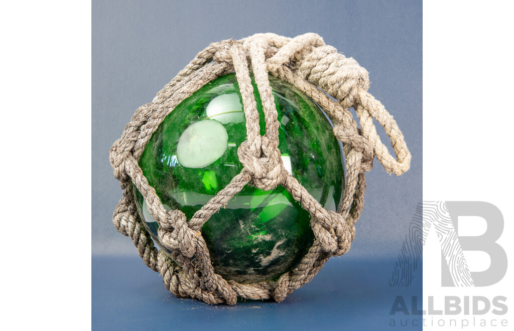 Vintage Rope Bound Handblown Green Glass Fishing Float
