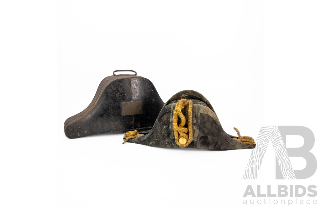 Rare Antique Naval Officer's Black 'Beaver' Cocked Hat with Hat Tin