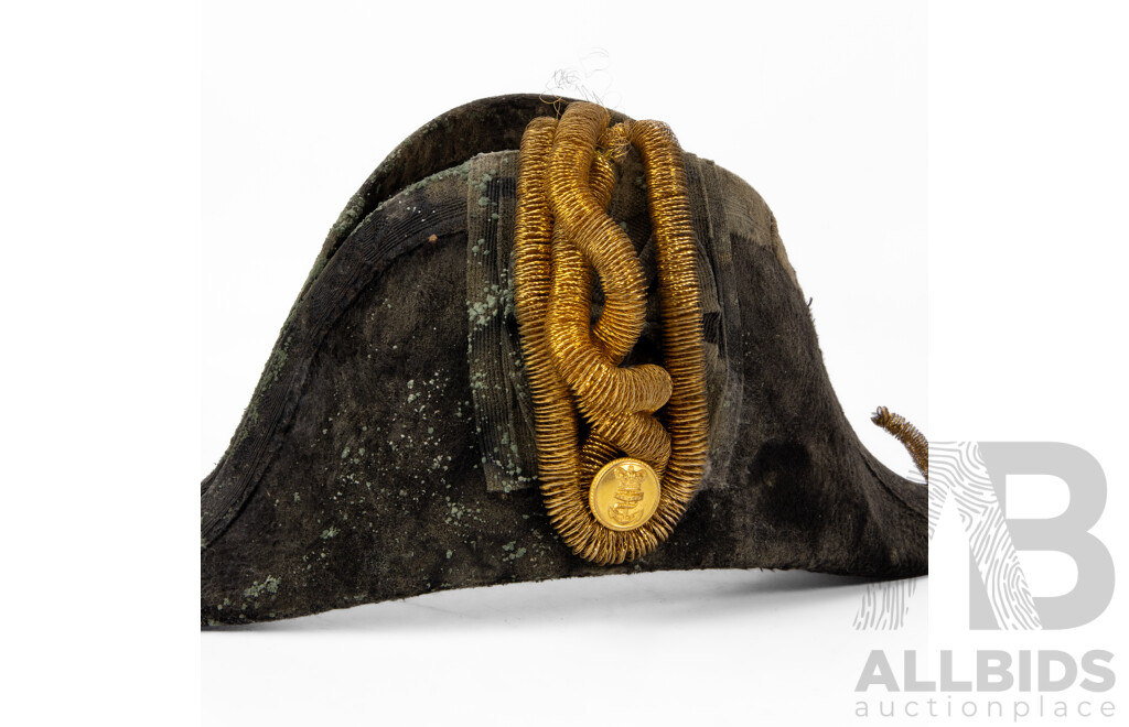 Rare Antique Naval Officer's Black 'Beaver' Cocked Hat with Hat Tin