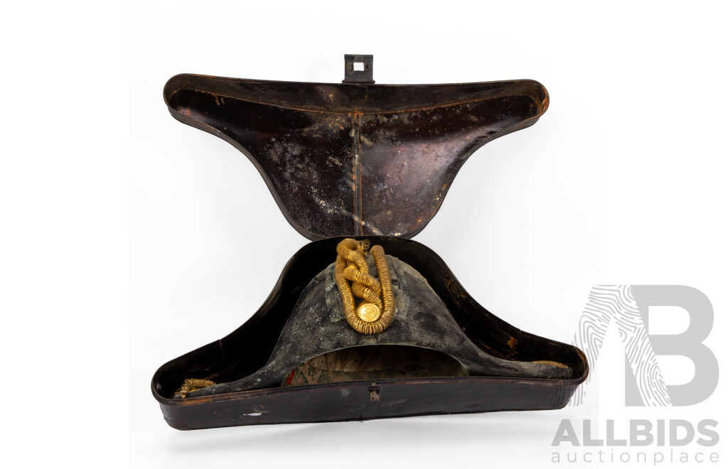 Rare Antique Naval Officer's Black 'Beaver' Cocked Hat with Hat Tin 