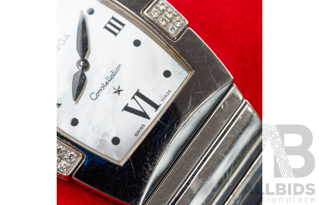 Omega Constellation Quadrella Ladies Watch Stainless Steel Diamond Bezel Mother-of-Pearl Dial C.2005 Box & Papers