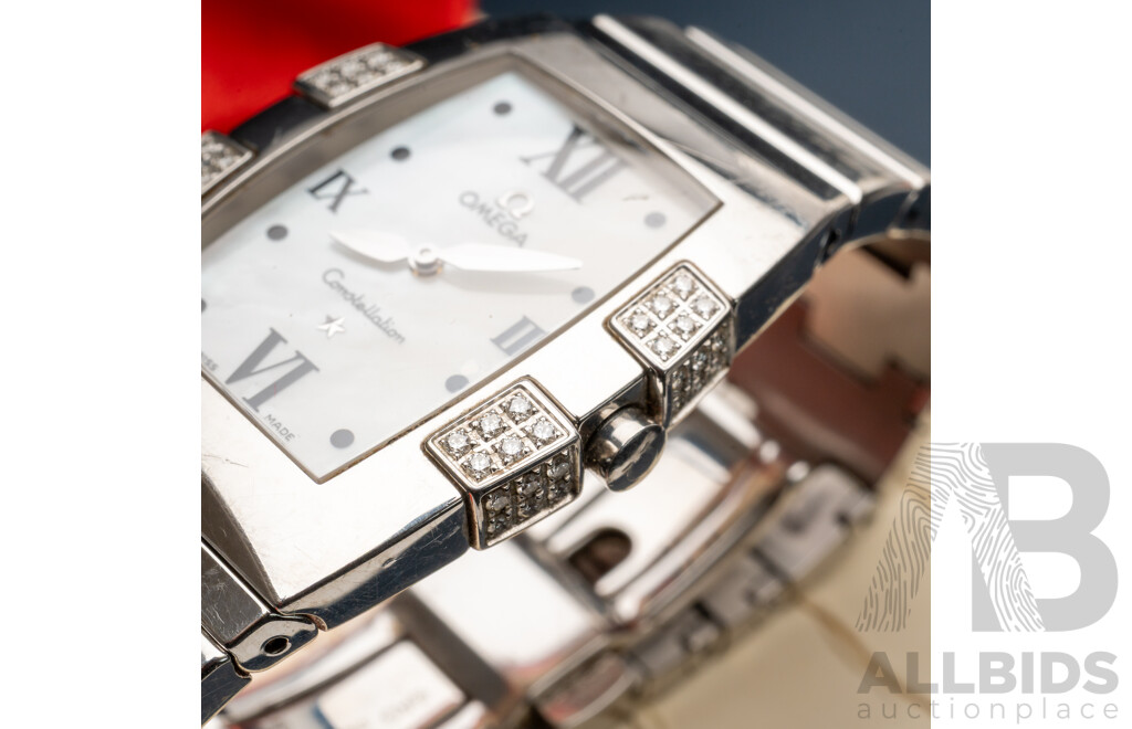 Omega Constellation Quadrella Ladies Watch Stainless Steel Diamond Bezel Mother-of-Pearl Dial C.2005 Box & Papers