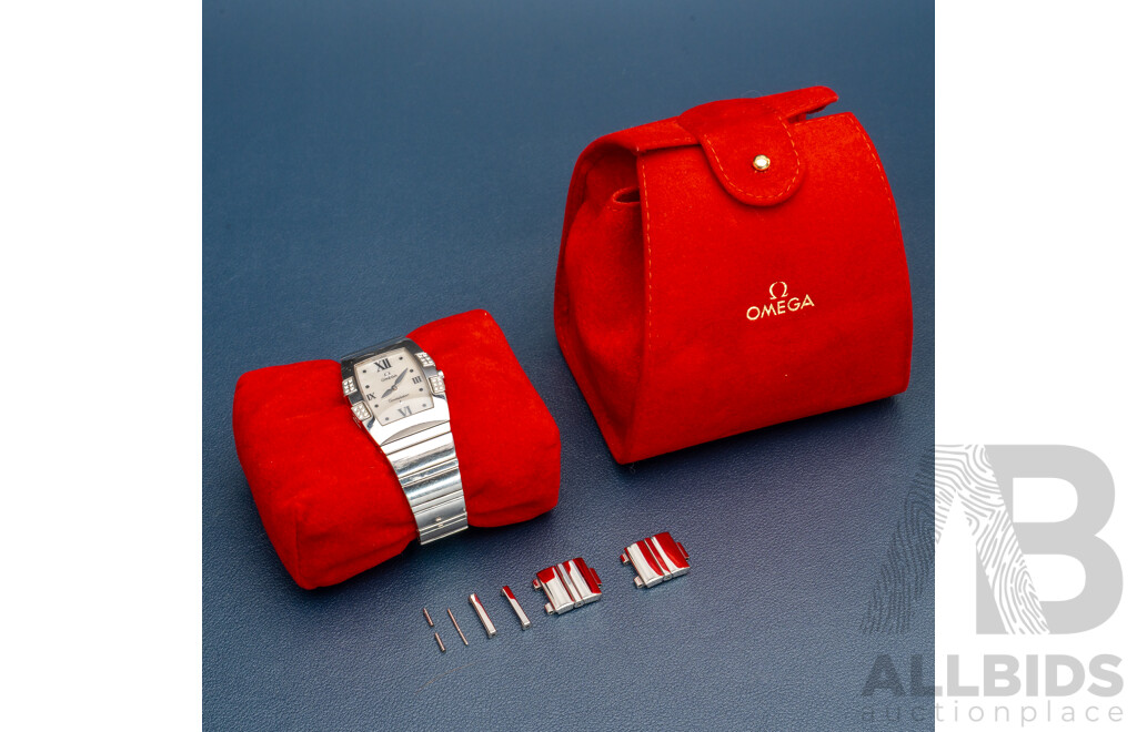 Omega Constellation Quadrella Ladies Watch Stainless Steel Diamond Bezel Mother-of-Pearl Dial C.2005 Box & Papers