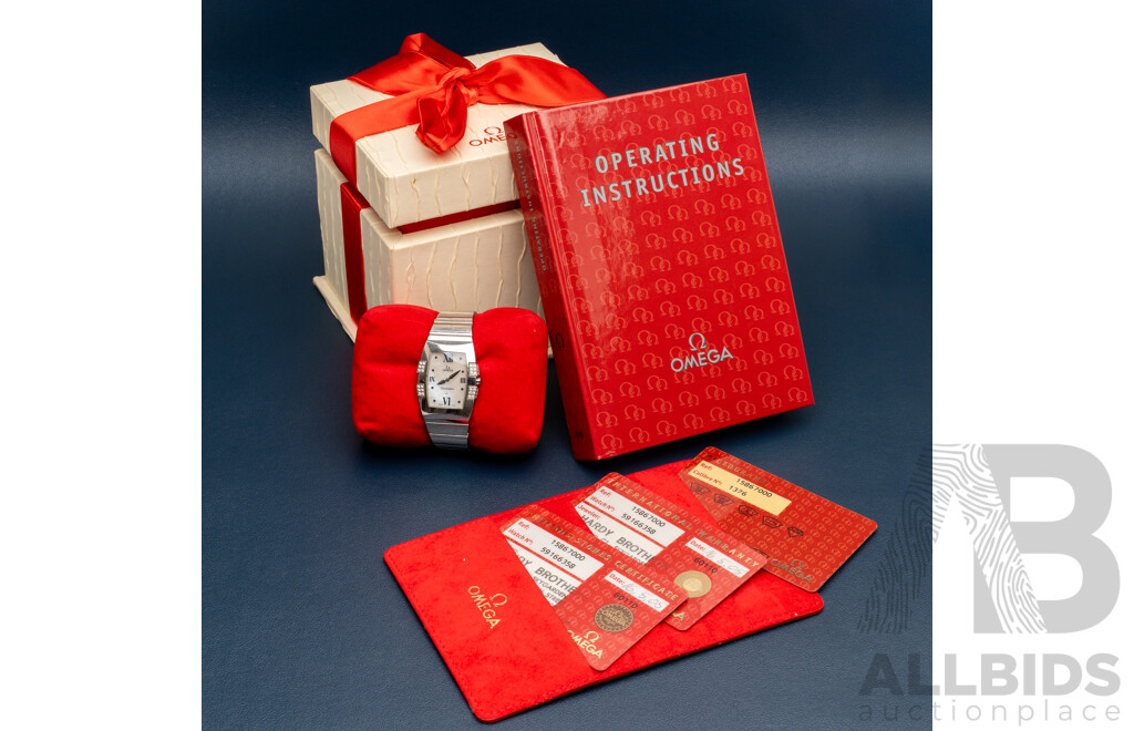 Omega Constellation Quadrella Ladies Watch Stainless Steel Diamond Bezel Mother-of-Pearl Dial C.2005 Box & Papers