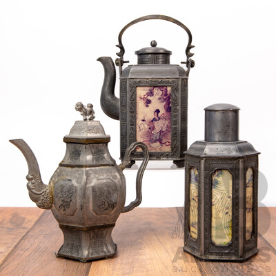 Group of Three Early Chinese Pewter Pieces Including Two Shantou Reverse Painted Glass Items
