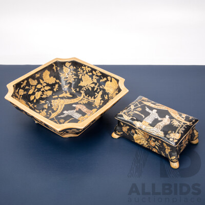 Stunning Pair of Vintage Chinese Porcelain Pieces: Lidded Box and Square Bowl