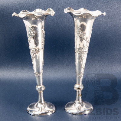 Pair of Chinese Sterling Silver Footed Mantel Vases with Fluted Rims