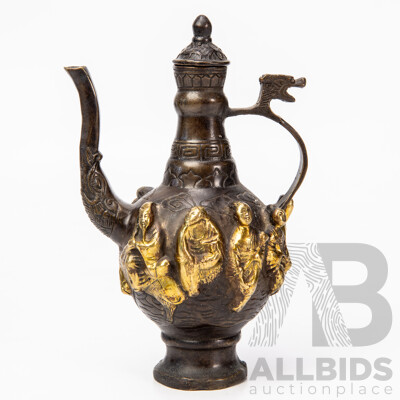 Antique Chinese Bronze Wine Ewer with Raised Gilded Figures and Engraved Decoration