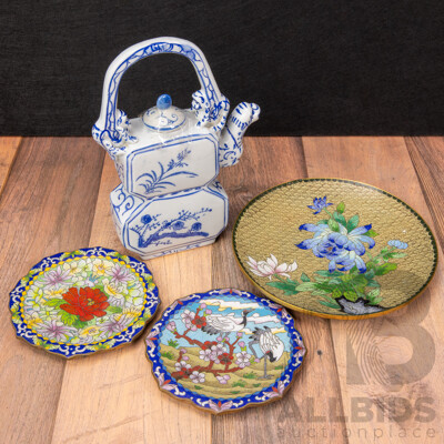 Three Chinese Cloisonné Enamel Dishes with Peony and Egret Motifs and a Vintage Chinese Blue and White Porcelain Teapot with Monkey Handles and Serpent Spout