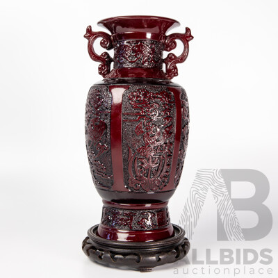 Chinese Blood Glaze Decorated Pottery Vase with Pixiu, Phoenix, Turtle Dragon and Heavenly Pearl of Wisdom Panels