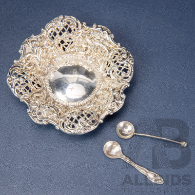 Antique James Dodsworth Sterling Silver Pierced Bowl, Chester 1894, Paired with Two Antique Miniature Salt or Mustard Spoons