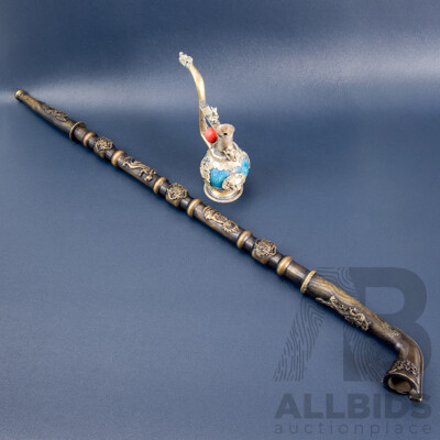 Ornate Opium Pipe with Turquoise-Coloured Stone and Dragon’s Head Mouthpiece, Paired with Antique Chinese Bronze Opium Pipe with Qiulong Dragon and Phoenix Detail