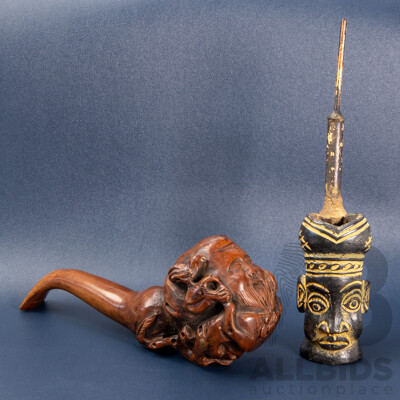 Antique Clay African Pipe and Chinese Carved Wooden Pipe