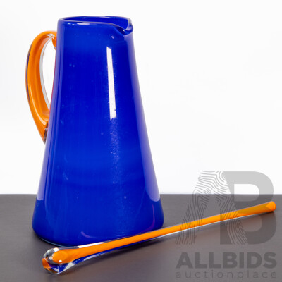 Hand-Blown Studio Glass Water Jug with Matching Swizzle Stick, Signed