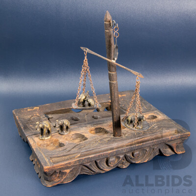 Antique Burmese Opium Scales with Rare Elephant-Form Weights in Hand-Carved Decorated Box  c.1900