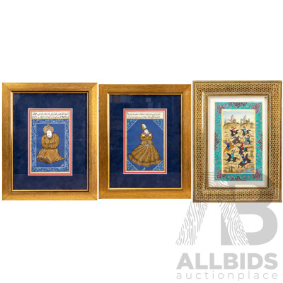 Group of Three Persian Paintings with Calligraphy and Marquetry Frame