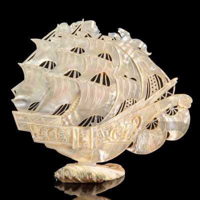 Antique Chinese Carved Mother-of-Pearl Ship Model with Stand