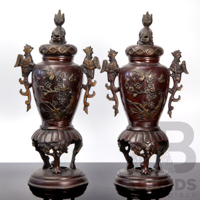 Pair of 19th Century Japanese Bronze Lidded Vases, Meiji Period