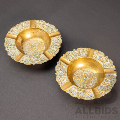 Pair of Vintage Brass Ashtrays with Oriental Design