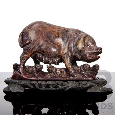 Hardstone Carving of Sow with Piglets on Ebonised Wood Stand