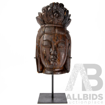 Antique Carved Wooden Guan Yin Head on Metal Stand