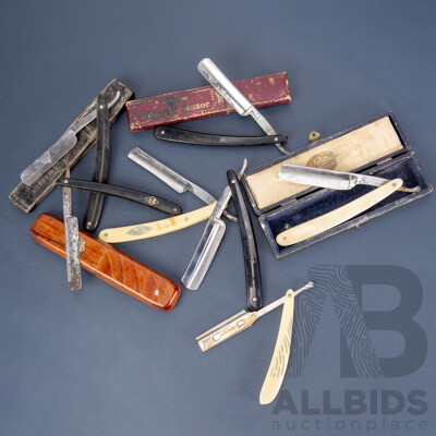 Collection of Seven Vintage Straight Razors, Including Boxed Examples