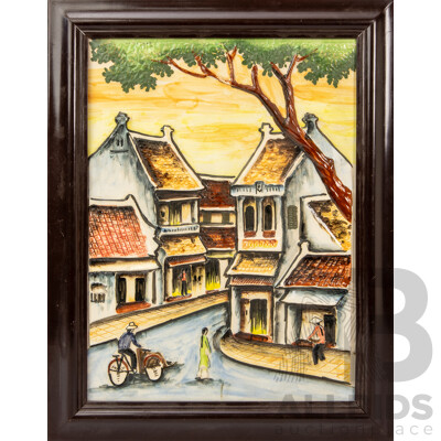 Japan Tilso Vintage Hand-Painted Ceramic Tile with Raised Scene