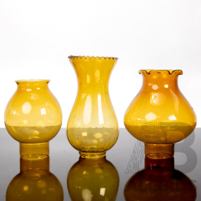 Set of Three Vintage Amber Hurricane Lamp Chimneys