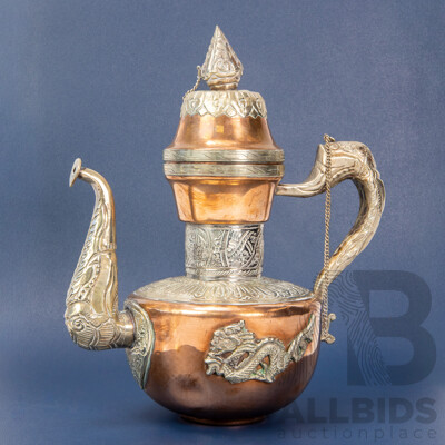 Tibetan Copper and Silvered Ceremonial Teapot/Tibetan Dragon Ewer