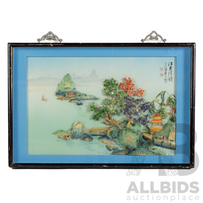 Artist Unknown (20th Century, Chinese School), Clear Sky Over Waters, Original Vintage Swatow Shell Cutting with Mother of Pearl in Diorama Frame, 40 x 60 cm (frame)