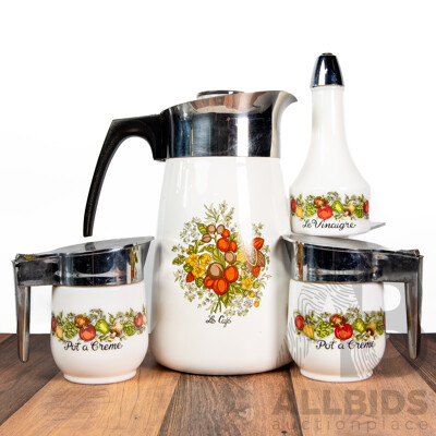 Vintage Corning Ware 'Spice of Life' Le Café 10-Cup Server, Two Creamers and Vinaigrette Bottle