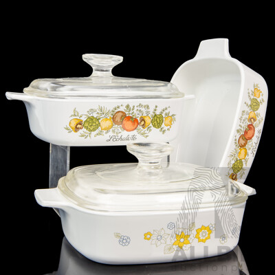 Three Vintage Corning Ware Saucepan Dishes, 'Spice of Life' and 'Floral Bouquet'