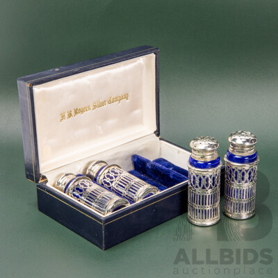 Antique Ab Rogers Silver Co Silverplate Cobalt Blue Glass Shakers With Box